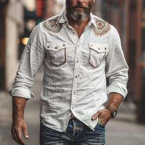 Men's Casual Embroidered Long Sleeve Shirt