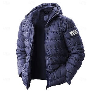 Chaqueta acolchada ligera con capucha para hombre, resistente al agua, de plumón, aislante, con bandera estadounidense, para invierno, para nieve, esquí, senderismo y viajes.
