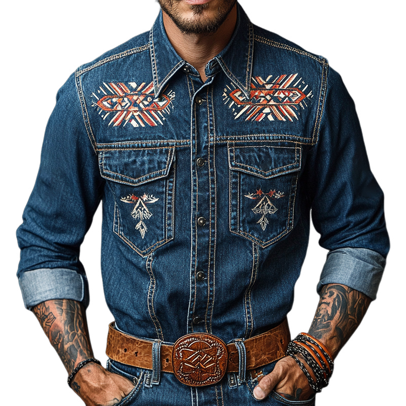 Men's Retro Casual Ethnic Style Printed Denim Lapel Long Sleeve Shirt