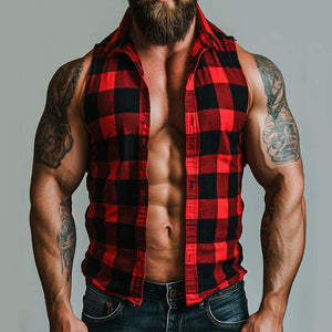 Men's Retro Tough Check Lumberjack Lapel Sleeveless Shirt