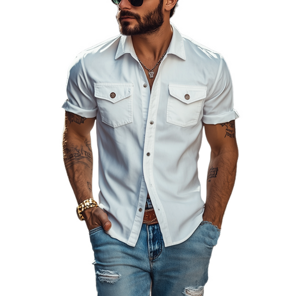 Camisa clásica informal de manga corta con múltiples bolsillos, corte entallado y color liso para hombre