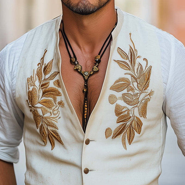 Men's Comfortable Cotton And Linen Gold Embroidered Vest