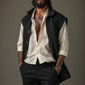Men's Pure Black Lapel Mid-Length Cotton Vest