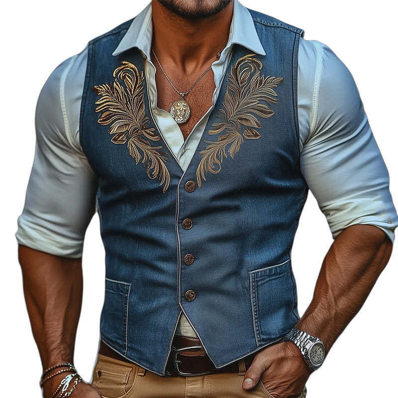 Men's Western Cowboy Style Button Up Check Embroidered Vest