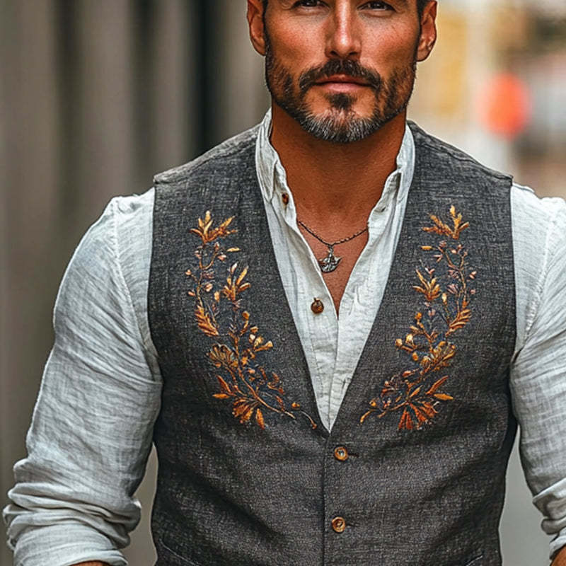 Men's Floral Embroidered V-neck Vest