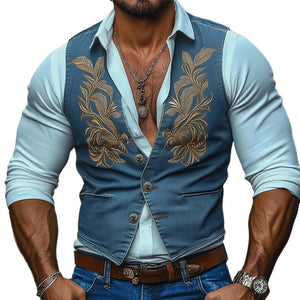Men's Retro Western Denim Embroidered Button Up Vest