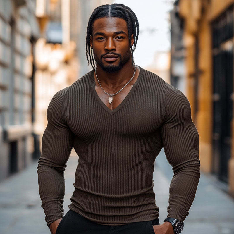 Camiseta informal de algodón mezclado con cuello en V y manga larga ajustada para hombre
