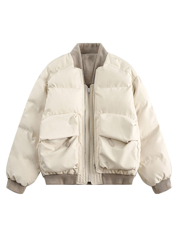 Retro Patchwork Multi Pocket Puffer Bomber Jacket