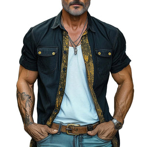 Men's Retro Western Print Denim Short Sleeve Shirt
