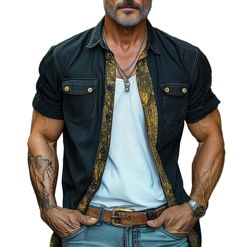 Herren-Jeanshemd mit Retro-Western-Print und kurzen Ärmeln