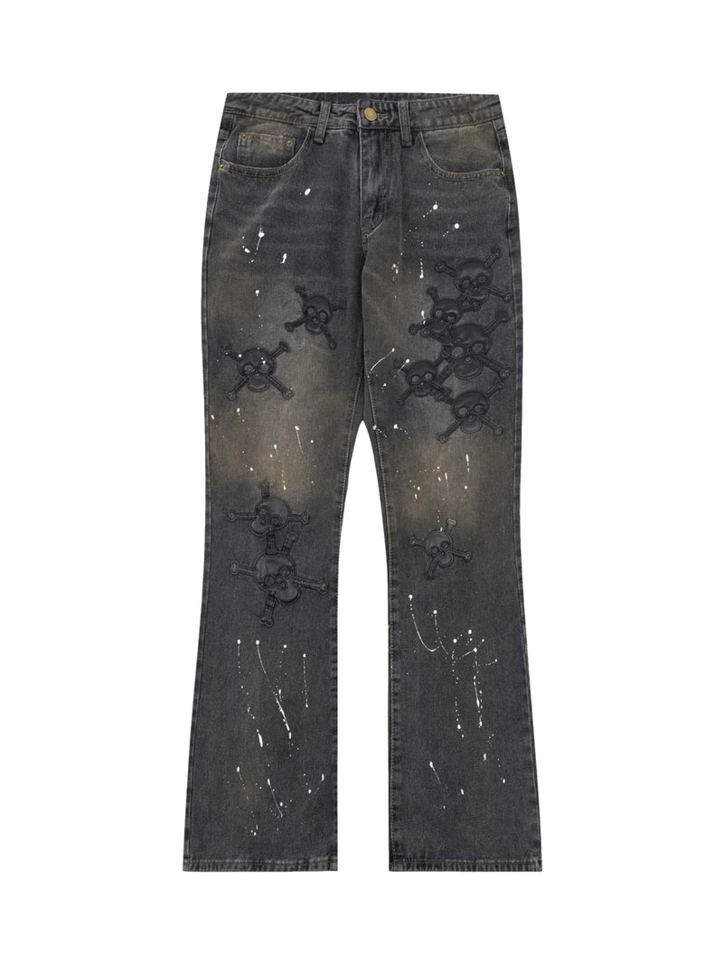 Leather Skull Splash Ink Micro-flared Jeans