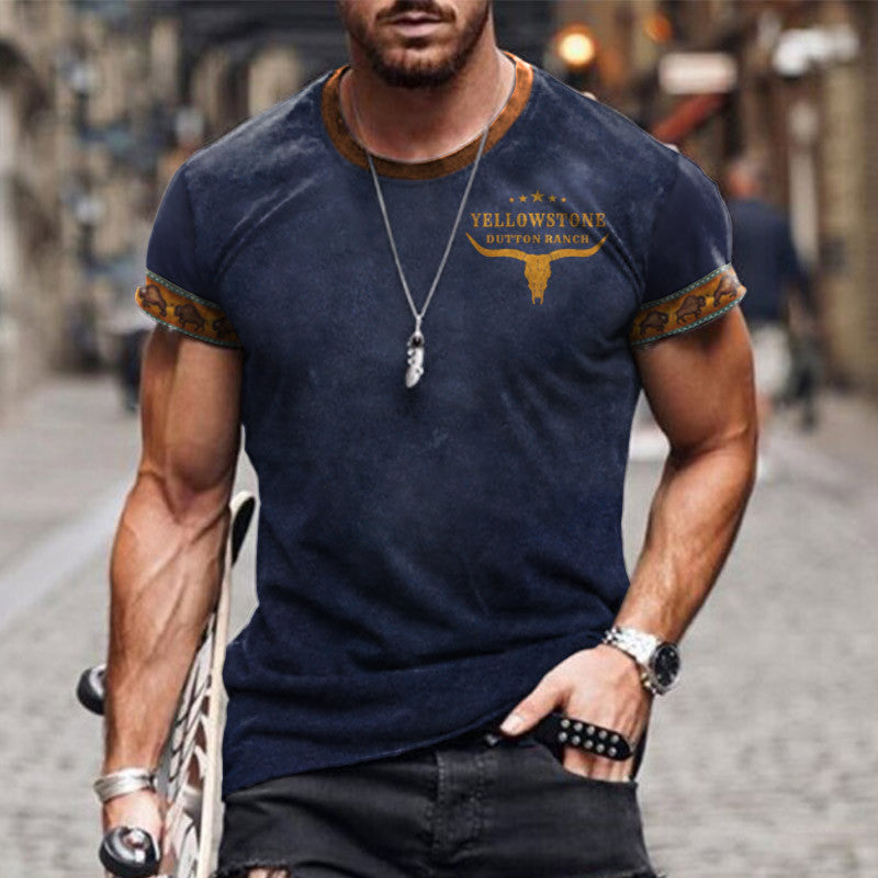 Men's T-shirt Vintage Western National Style Print Pattern Summer Short-sleeved Color Matching Round Neck Tee