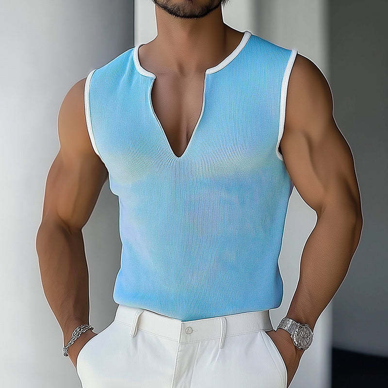 Camiseta sin mangas retro informal a rayas de color liso con cuello en V para hombre