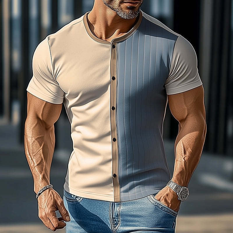 Camiseta retro informal de manga corta con cuello redondo y botones para hombre