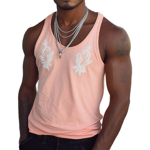 Men's Summer Casual Round Neck Pink Embroidered Tank Top