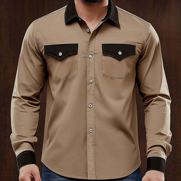Men's Comfortable Khaki Colorblock Casual Long Sleeve Shirt