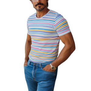 Camiseta informal de algodón de manga corta con cuello redondo y rayas en contraste para hombre
