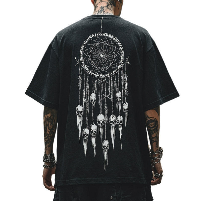 Men's Retro Casual Dreamcatcher Skull Print Round Neck Short Sleeve T-Shirt MTA2152C7TO
