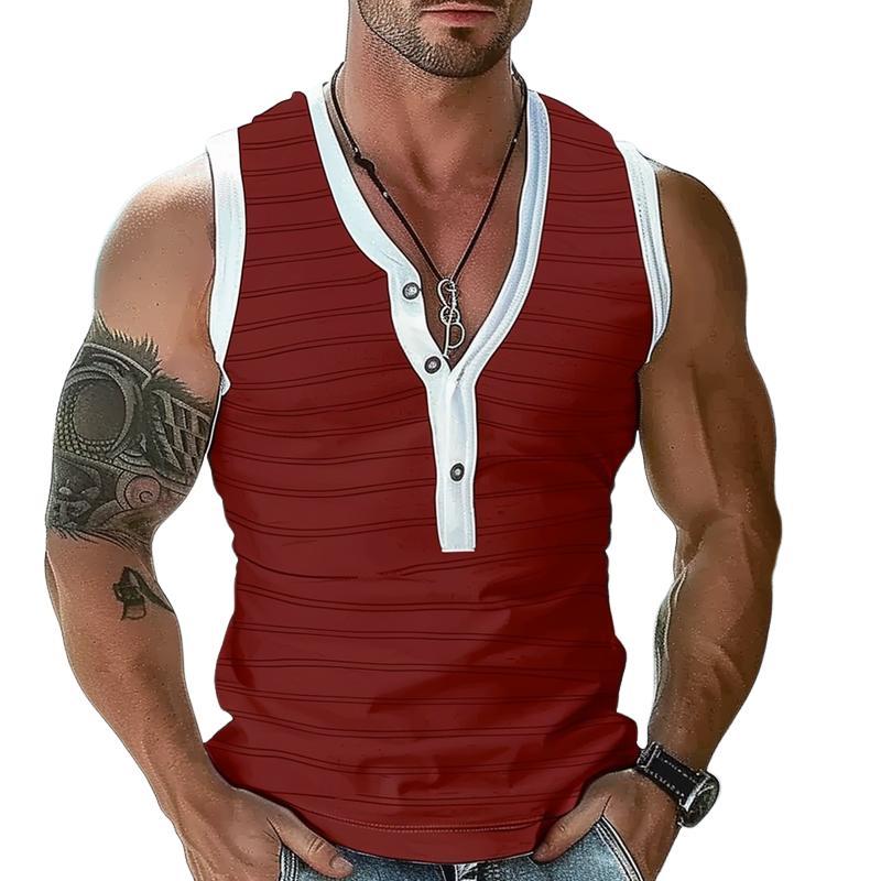 Men's Casual Striped Henley Collar Slim Fit Tank Top