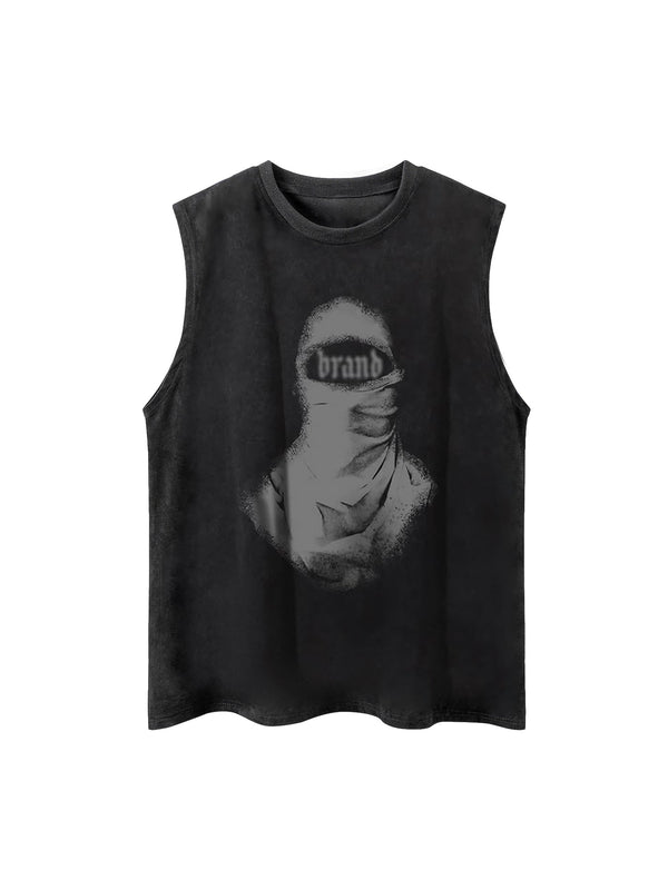 Retro Distressed Character Print Street Rap Vest