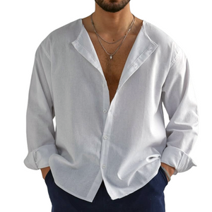 Camisa de manga larga con cuello redondo, holgada y lisa para hombre