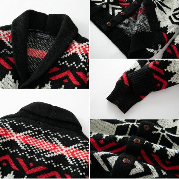Cárdigan de punto con solapa de jacquard navideño vintage para hombre, de botonadura sencilla