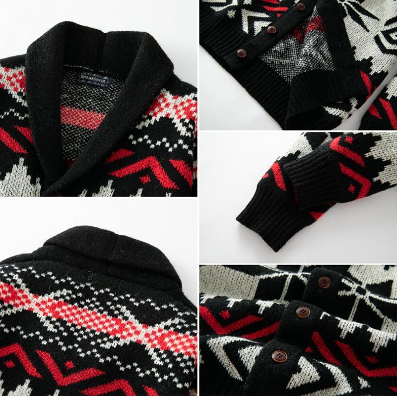 Cárdigan de punto con solapa de jacquard navideño vintage para hombre, de botonadura sencilla