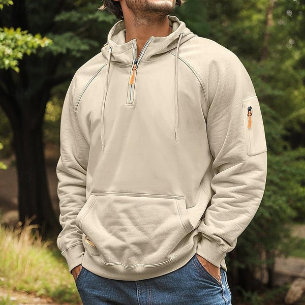 Sudadera informal con capucha y múltiples bolsillos con media cremallera para hombre