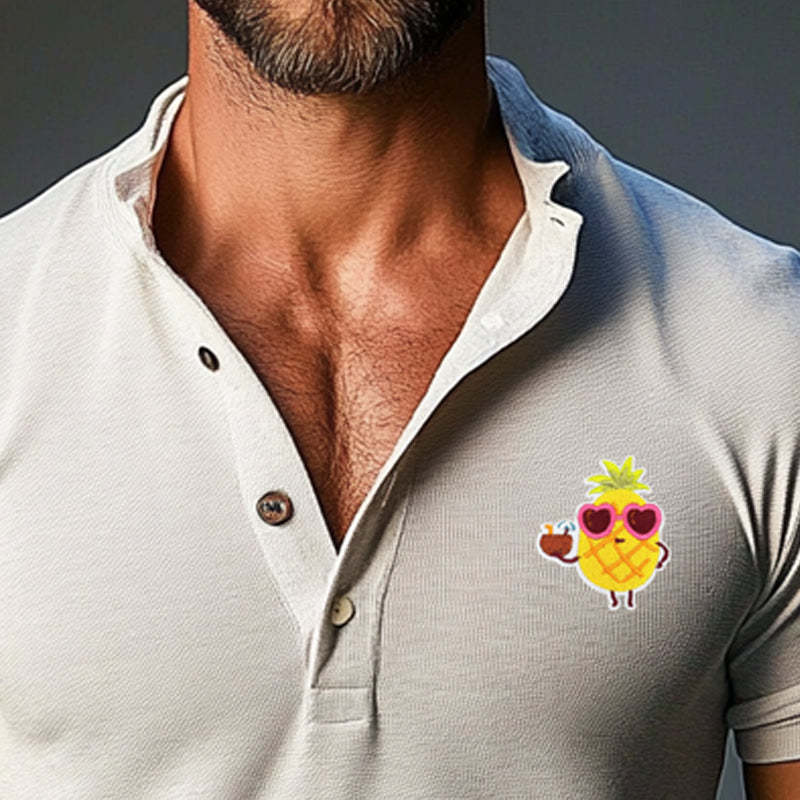 Men's Pineapple Embroidered Short Sleeve Stand Collar POLO Shirt MTA0384D8X