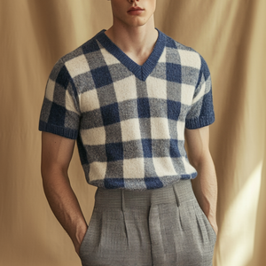 Lässiges, kariertes Herren-T-Shirt mit V-Ausschnitt und schmaler Passform, kurzärmelig