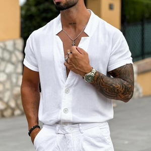 Men's Solid Notch Collar Single Breasted Short Sleeve Shirt
