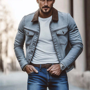 Graue, gewaschene Jeansjacke mit Distressed-Revers für Herren