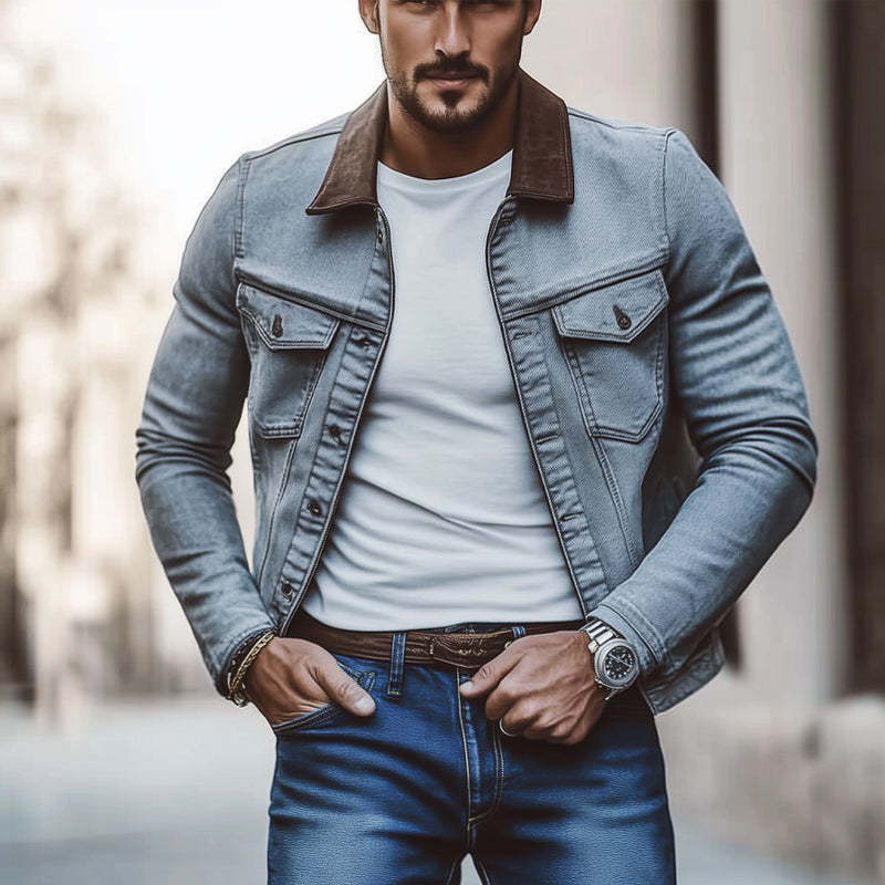 Men's Gray Distressed Lapel Washed Denim Jacket