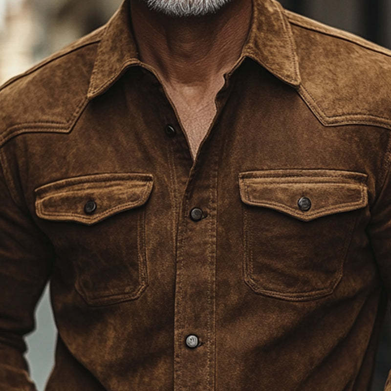 Camisa vintage de manga larga de ante marrón para hombre