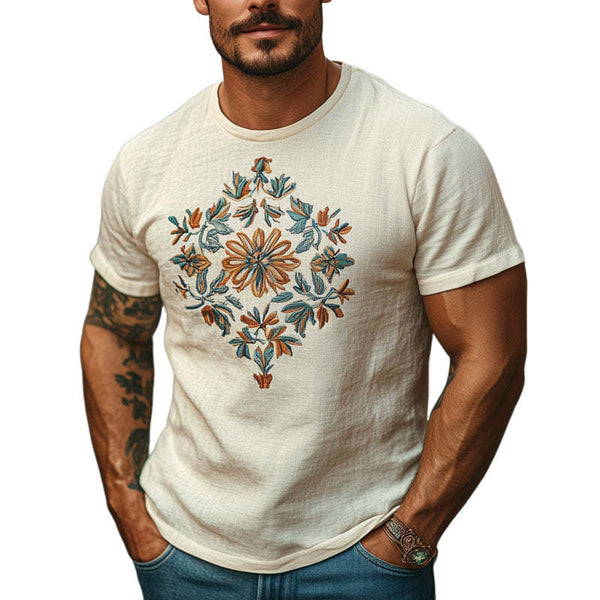 Lässiges, hautfreundliches, besticktes T-Shirt aus Baumwolle und Leinen für Herren