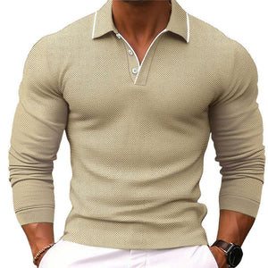 Polo de manga larga ajustado con solapa de color liso para hombre