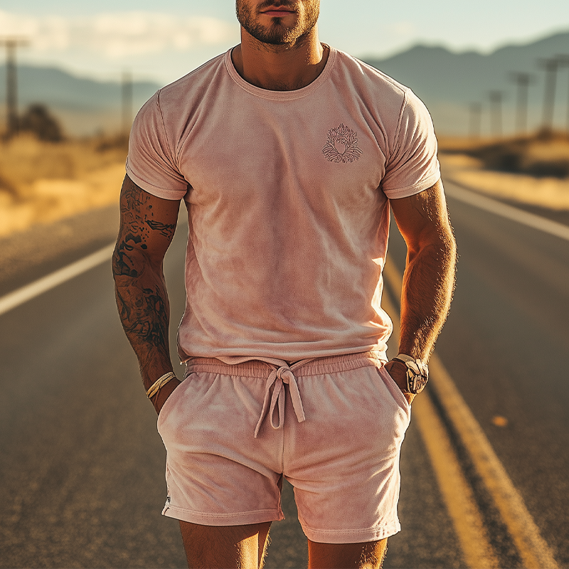 Conjunto de camiseta y pantalones cortos de manga corta de ante bordados, informal, ajustados, de moda de primavera para hombre
