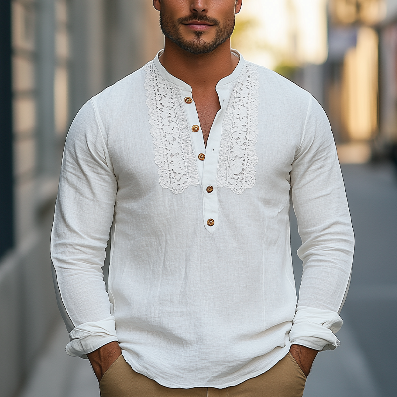 Herren Frühlingsmode Klassisches Henley-Kragen Spitzennähte Langarmhemd aus Baumwolle und Leinen