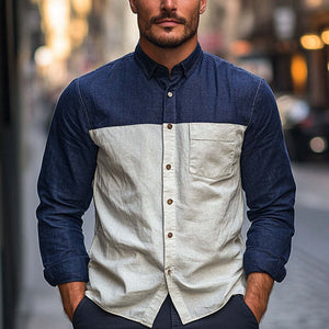 Camisa básica de manga larga de algodón y lino con costuras en contraste para hombre