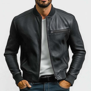 Men's Spring And Autumn Pure Black PU Leather Jacket