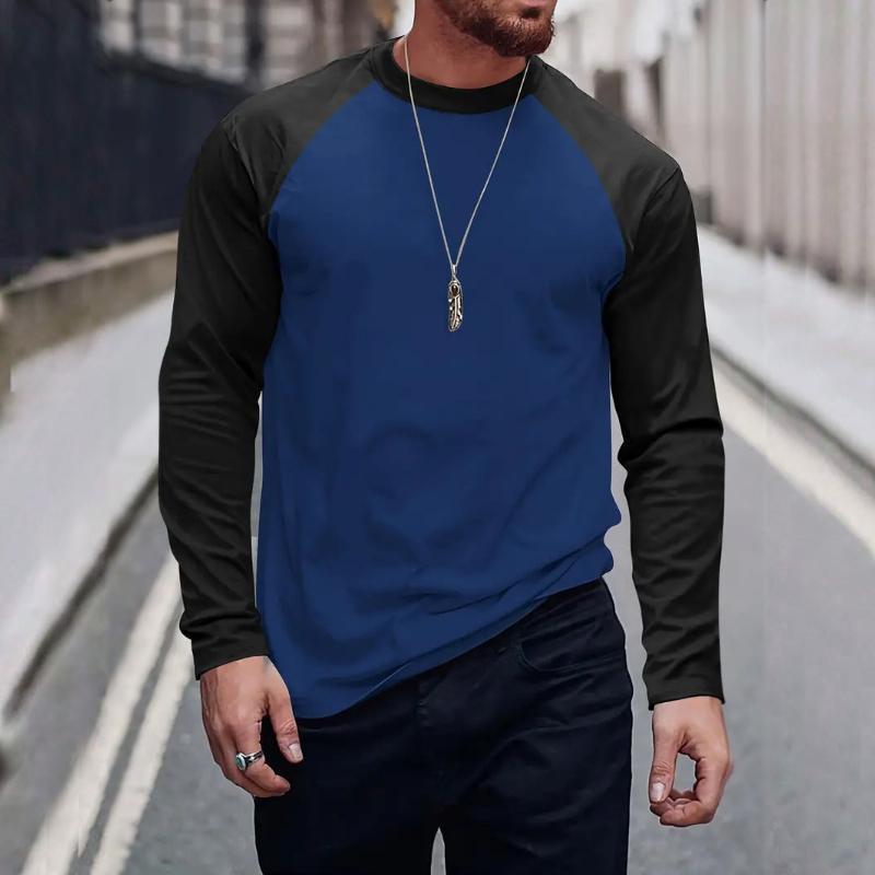 Camiseta retro informal de manga larga con cuello redondo y bloques de color para hombre