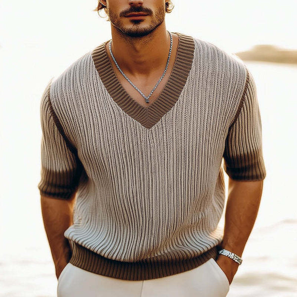 Camiseta de verano de punto fino con cuello en V y manga corta para hombre