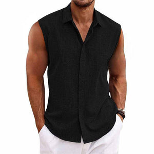 Men's Solid Color Lapel Cotton And Linen Sleeveless Shirt