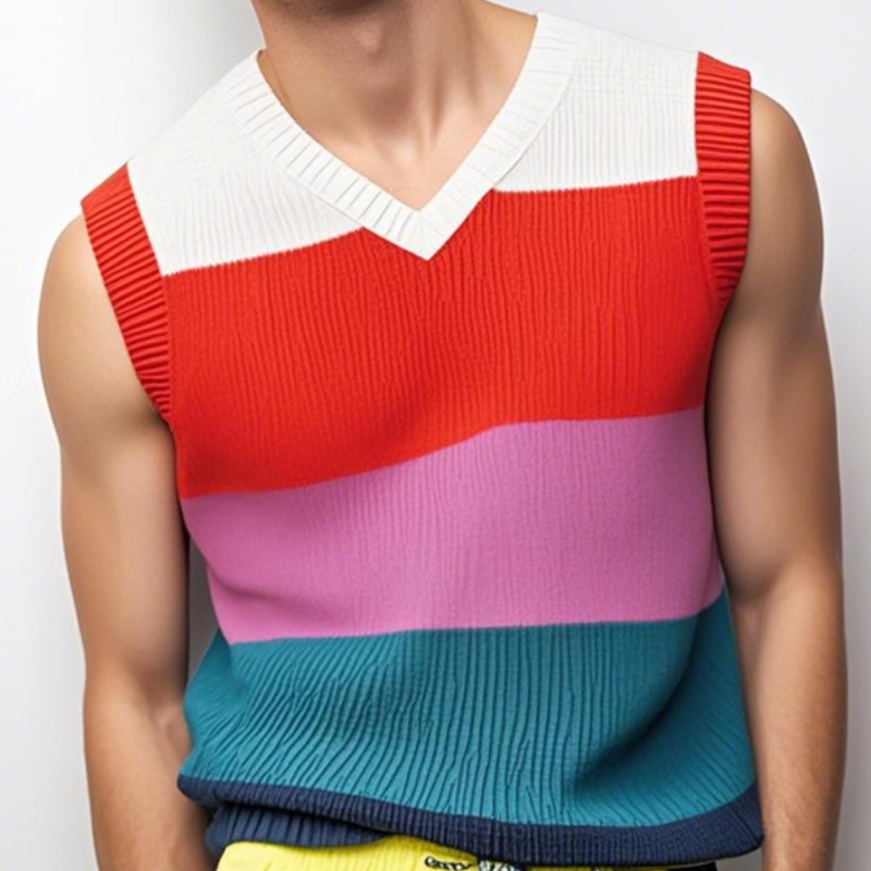 Men's Casual V Neck Contrast Color Striped Soft Knitted Tank Top