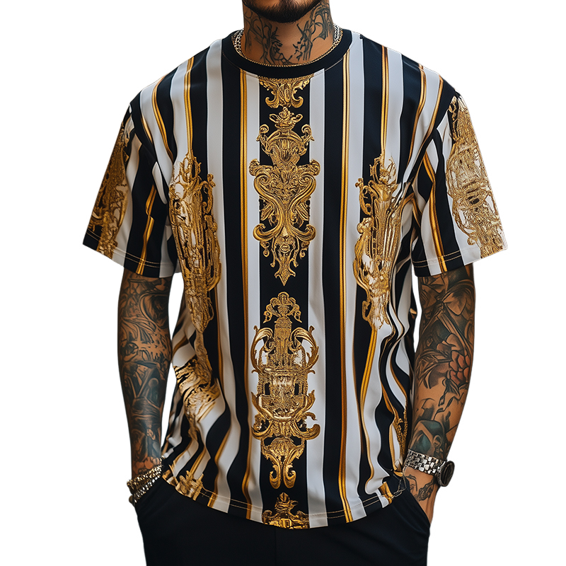 Camiseta de manga corta con cuello redondo y estampado barroco retro informal para hombre