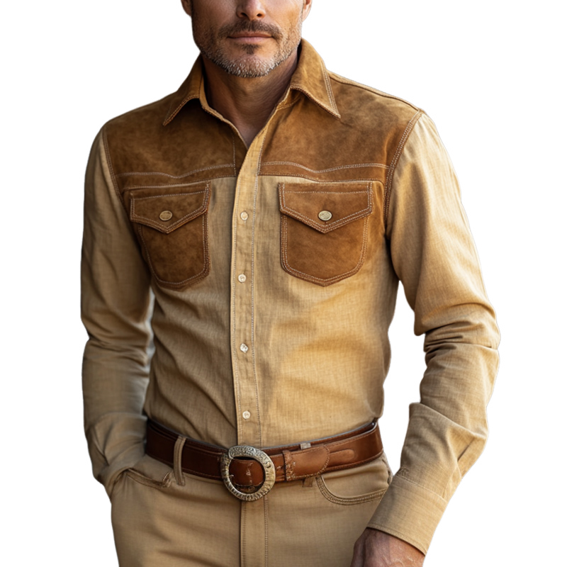 Camisa vintage de manga larga de gamuza de algodón y lino para hombre