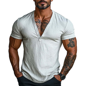 Men's Solid Color V-neck Short-sleeved Cotton T-shirt