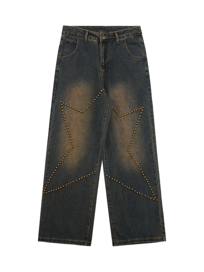 Star Rivet Washed Baggy Jeans