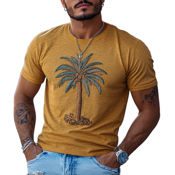 Lässiges Herren-T-Shirt aus Baumwolle mit Kokosnussbaum-Stickerei, Rundhalsausschnitt, schmale Passform, kurzärmelig