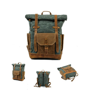 Mochila vintage de lona impermeable con múltiples bolsillos para hombre